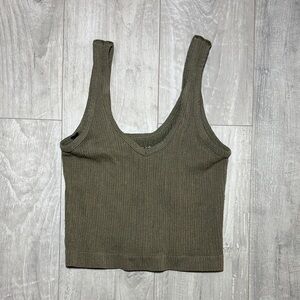 Olive Green Ribbed Knit Tank Top Cropped Womens Small/Medium